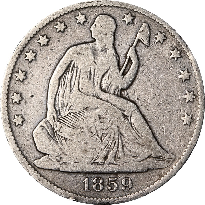 1859 O Mint Silver Seated Liberty Half Dollar United States: 1859 O Mint Silver Seated Liberty Half Dollar United States This 1859-O Seated Half Dollar is a pre-owned, circulated coin from the United States. Minted in New Orleans, it is composed of silver with 