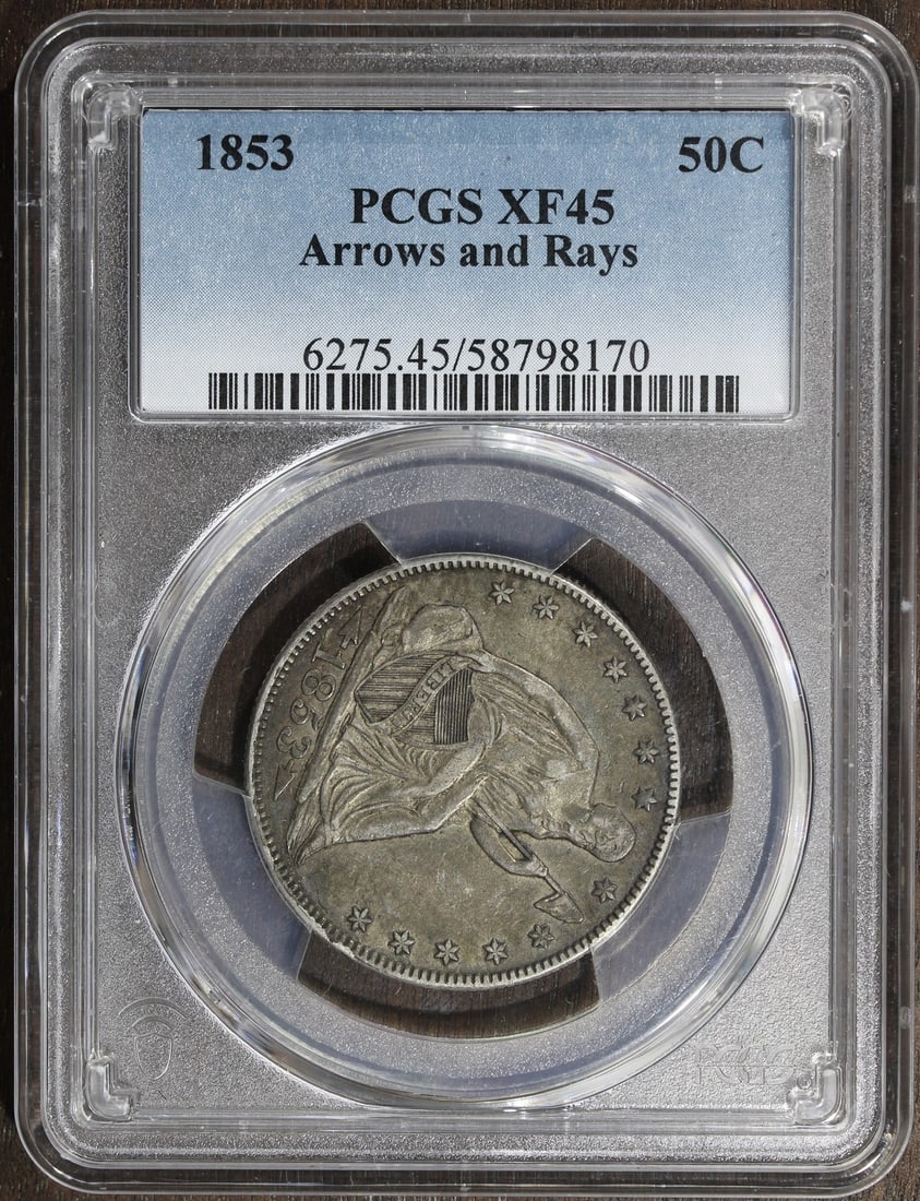 Seated Liberty 1853 Arrows and Rays Silver Half Dollar PCGS XF45: Seated Liberty 1853 Arrows and Rays Silver Half Dollar PCGS XF45 This 1853 Seated Liberty Half Dollar features the Arrows & Rays variety and has been certified by PCGS with a grade of XF 45. Struck in