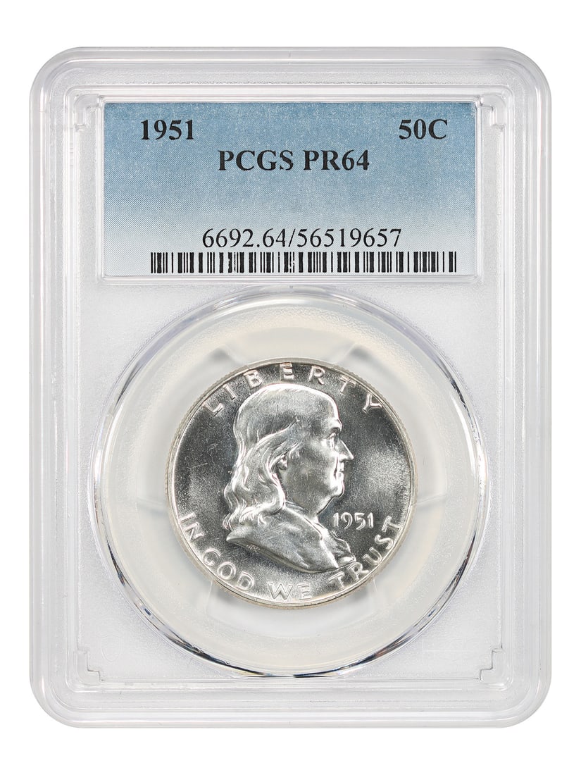 1951 Franklin Half Dollar Proof PCGS PR64 Philadelphia 50C Coin: 1951 Franklin Half Dollar Proof PCGS PR64 Philadelphia 50C Coin This is a 1951 Franklin Half Dollar graded PR64 by PCGS. The coin is uncirculated and was minted in Philadelphia, with a total mintage o