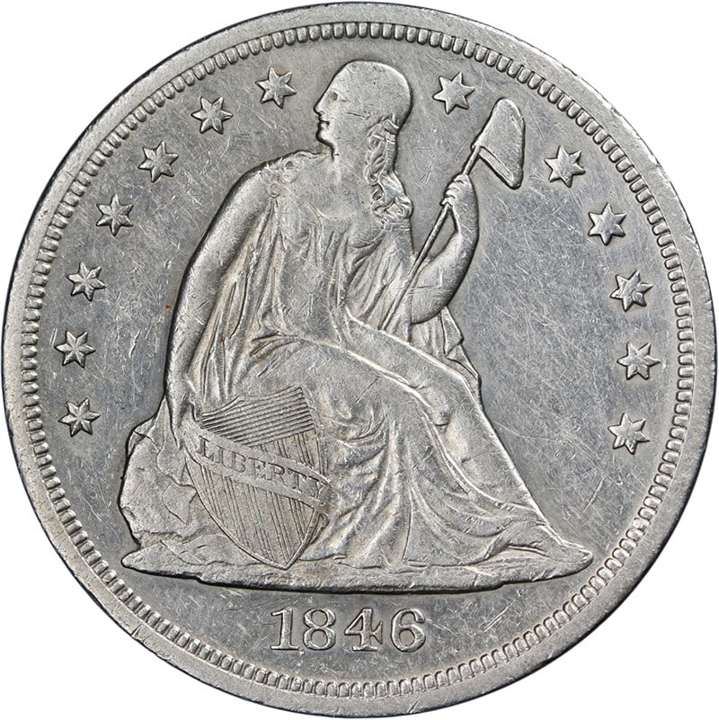Silver 1846-O Seated Liberty Dollar XF AU Details New Orleans Mint: Silver 1846-O Seated Liberty Dollar XF AU Details New Orleans Mint The 1846-O Seated Liberty Dollar is a circulated silver coin from the United States, minted in New Orleans. It is graded XF/AU Detail
