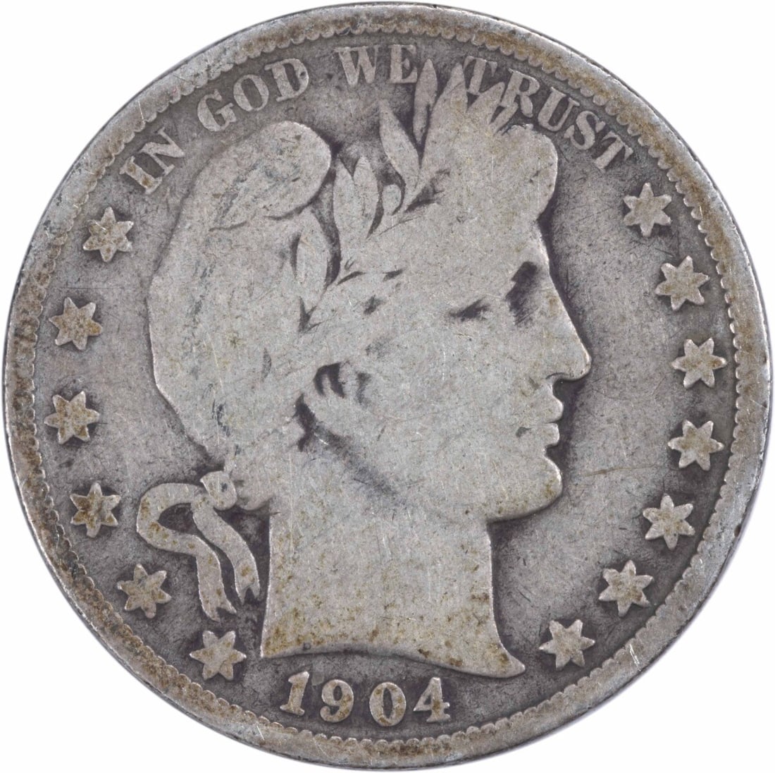 1904-S Barber Half Dollar 50C 90% Silver Circulated Coin: 1904-S Barber Half Dollar 50C 90% Silver Circulated Coin This 1904-S Barber Silver Half Dollar is a notable collectible from the San Francisco mint. Graded as Very Good (VG), this coin features the ic