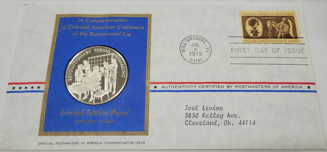 Silver Proof Medal and Stamp Colonial Wigmaking 1972 Bicentennial Era Commemorative (1 of 2)