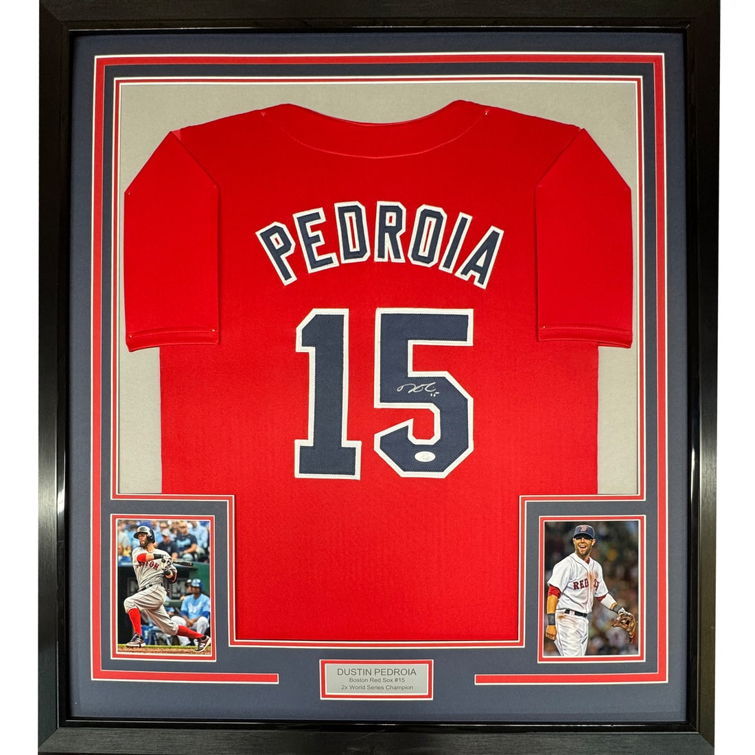 Dustin Pedroia Signed Boston Red Sox Jersey Display 35x39 Framed with JSA COA: Dustin Pedroia Signed Boston Red Sox Jersey Display 35x39 Framed with JSA COA This is a professionally framed and matted Boston Red Sox red jersey autographed by Dustin Pedroia. The display includes t