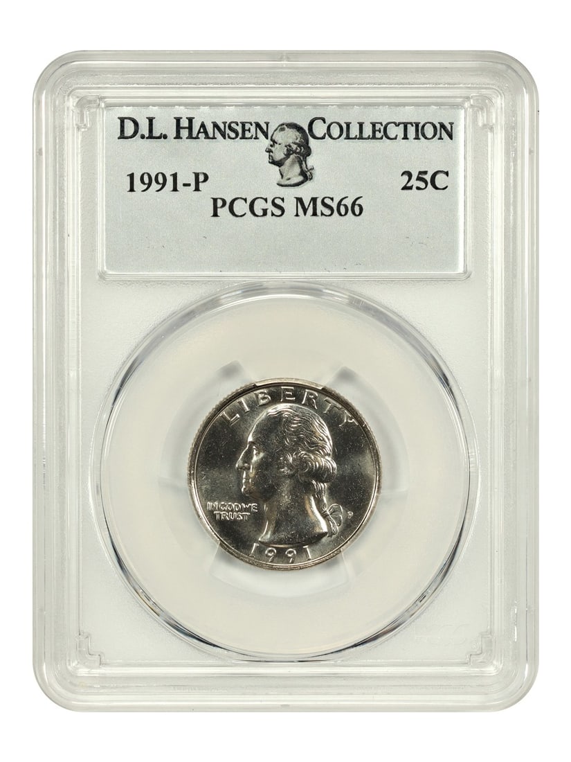 PCGS MS66 1991-P Washington Quarter ex D L Hansen: PCGS MS66 1991-P Washington Quarter ex D L Hansen This is a 1991-P Washington Quarter graded MS66 by PCGS. The coin is uncirculated and was struck at the Philadelphia Mint. It is part of the Washingto