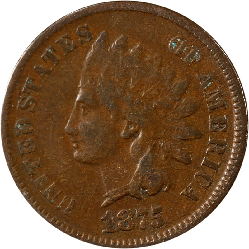 1875 Copper United States Indian Head Cent Circulated Uncertified: 1875 Copper United States Indian Head Cent Circulated Uncertified This is an 1875 Indian Cent from the United States, composed of copper. The coin is circulated and uncertified, offered in pre-owned c