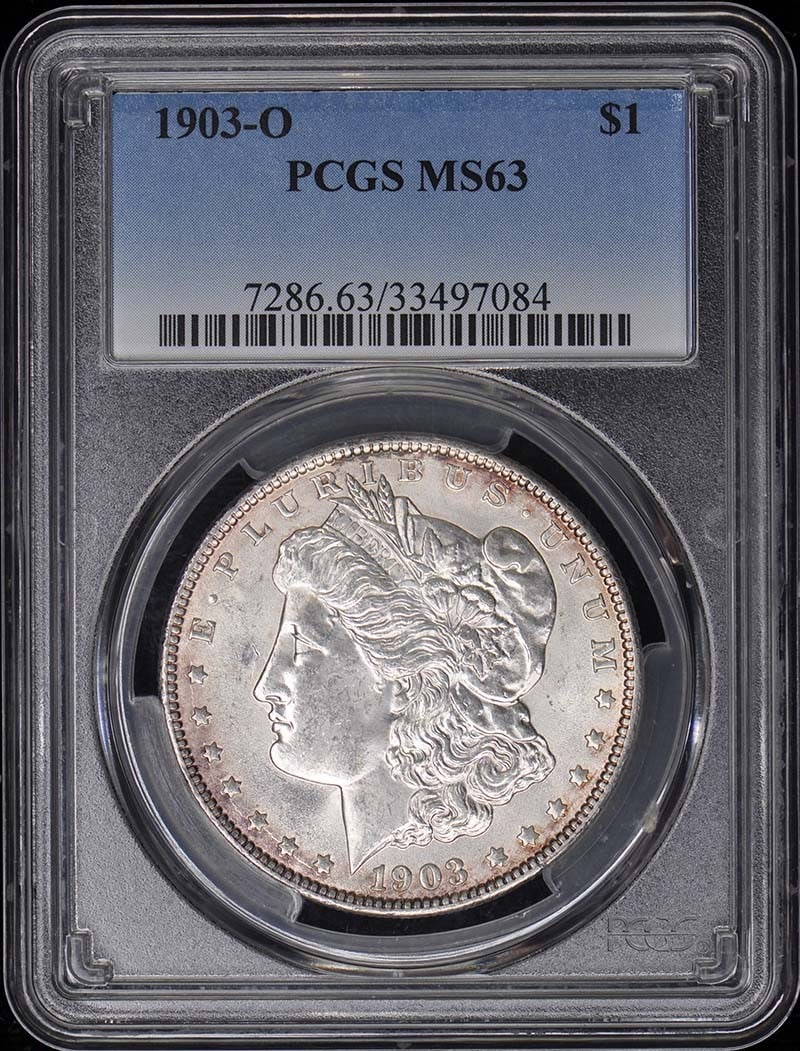 1903-O Morgan Dollar PCGS MS63 Uncirculated New Orleans: 1903-O Morgan Dollar PCGS MS63 Uncirculated New Orleans This 1903-O Morgan Dollar is certified by PCGS with a grade of MS63, indicating it is uncirculated and in excellent condition. Minted in New Orl