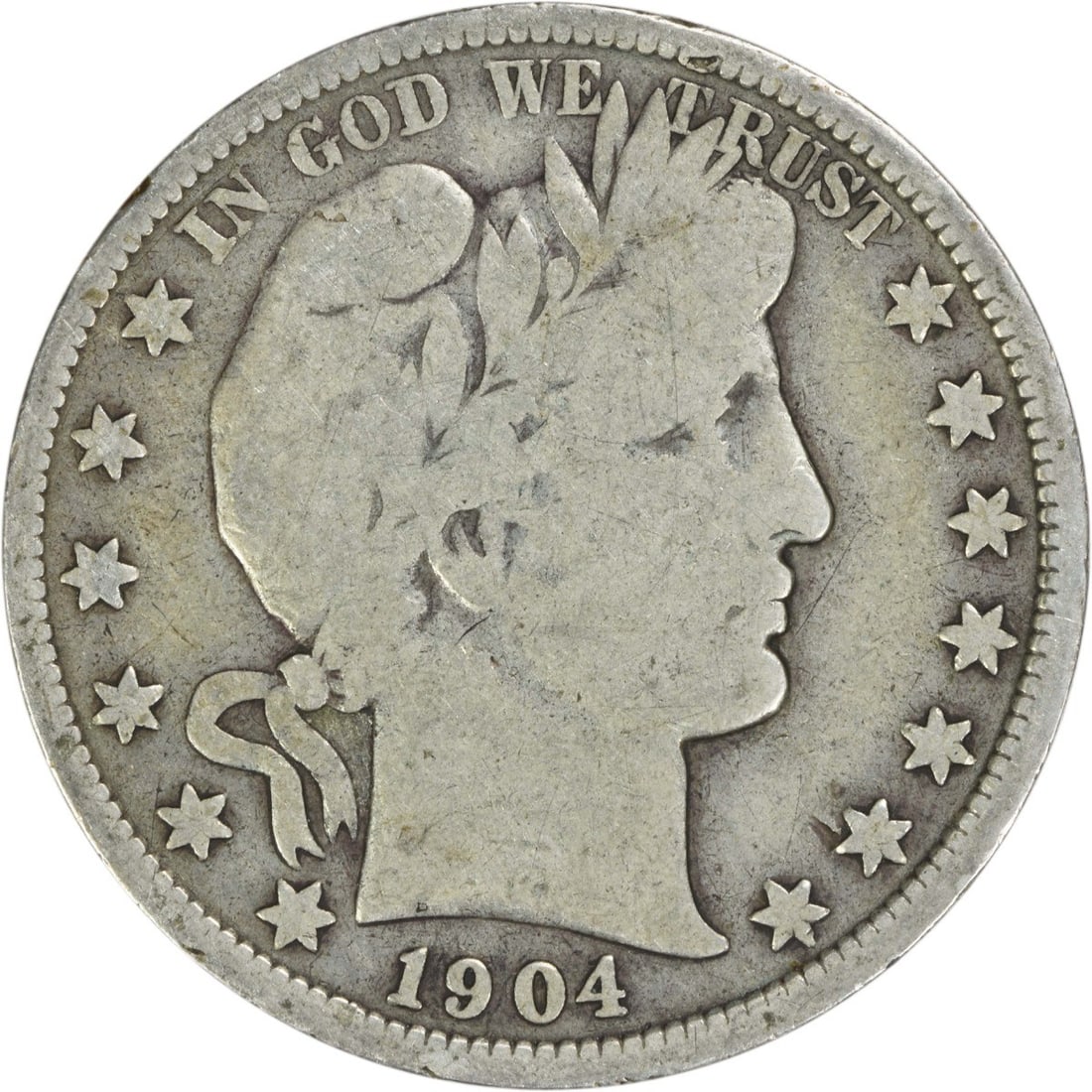 Barber Half Dollar 1904-O New Orleans 90 Percent Silver VG Uncertified: Barber Half Dollar 1904-O New Orleans 90 Percent Silver VG Uncertified This 1904-O Barber Silver Half Dollar was minted in New Orleans and is composed of 90% silver and 10% copper. Designed by Charles