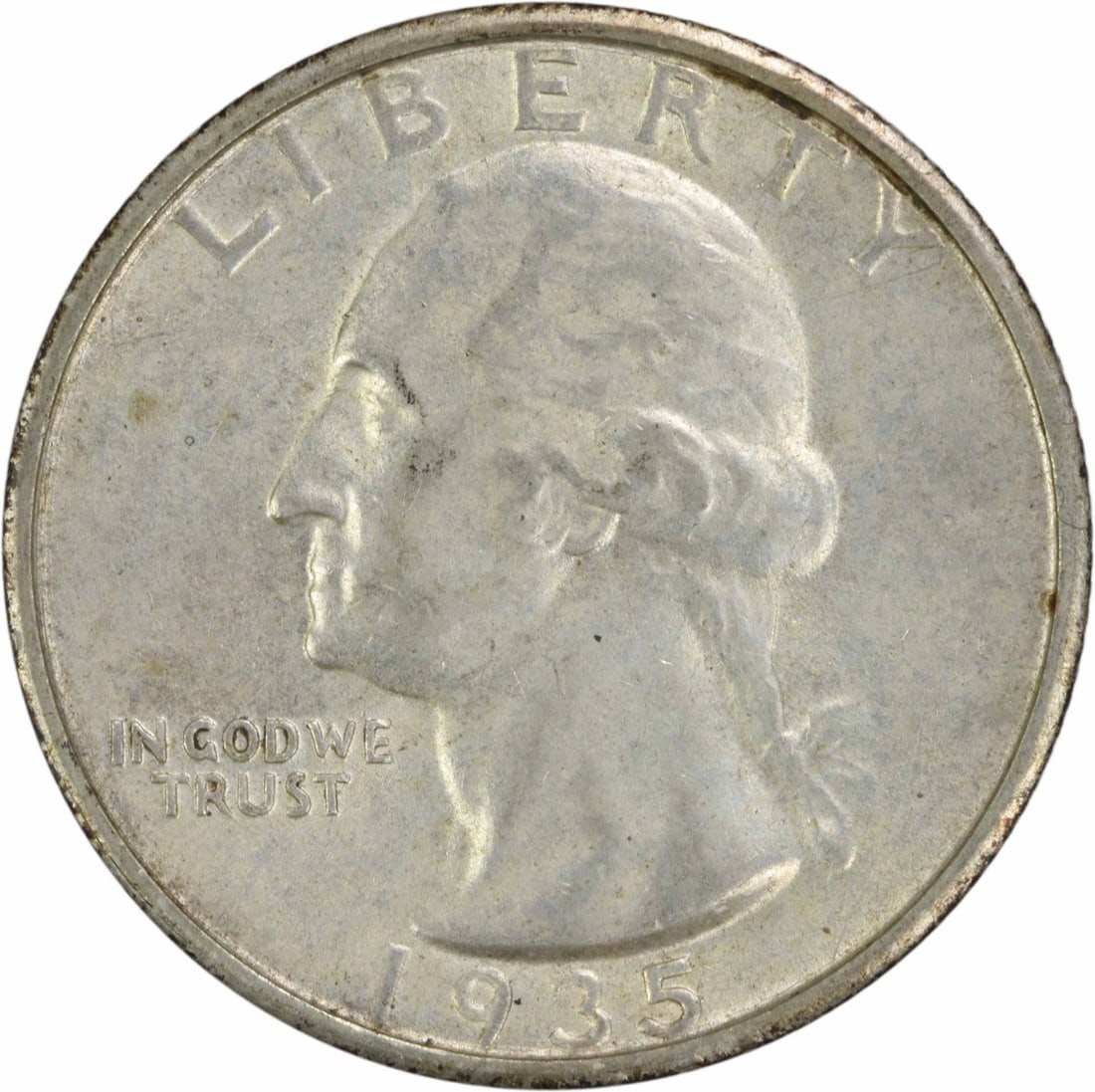 1935-S Washington Silver Quarter 25C Uncertified AU Slider: 1935-S Washington Silver Quarter 25C Uncertified AU Slider This 1935-S Washington Silver Quarter showcases a beautiful design by John Flanagan, commemorating the first President of the United States. 