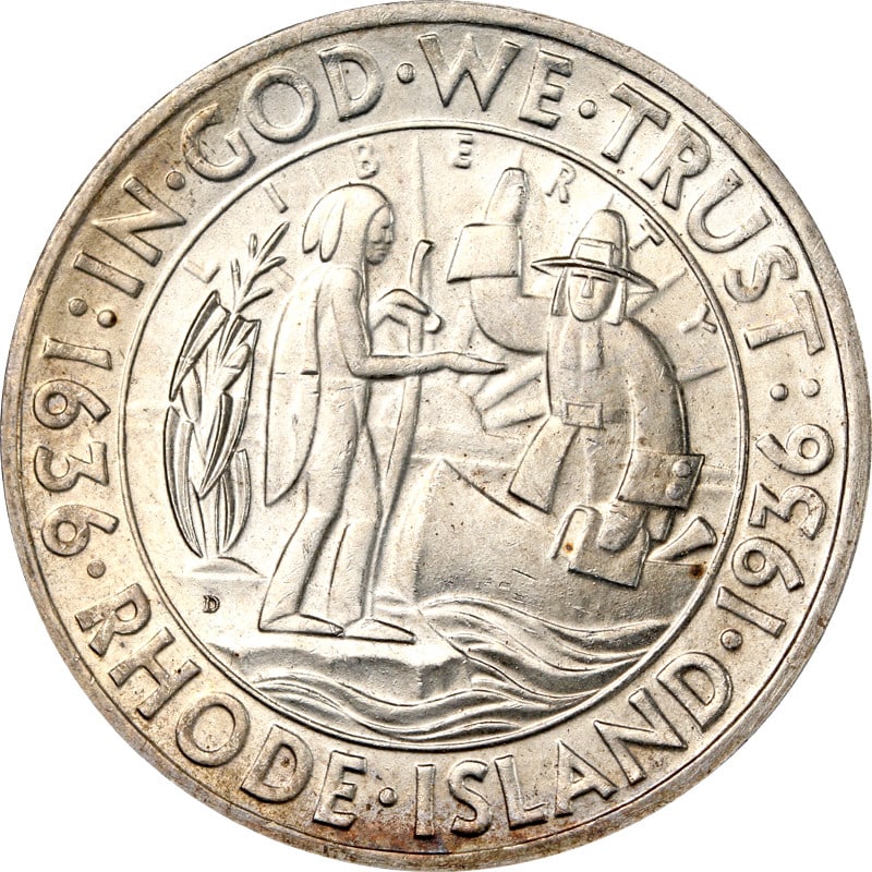 1936 Silver Half Dollar D Mint Rhode Island Commemorative Coin: 1936 Silver Half Dollar D Mint Rhode Island Commemorative Coin This is a 1936-D Rhode Island Commemorative Half Dollar from the United States. The coin is composed of silver with a fineness of 0.9 and