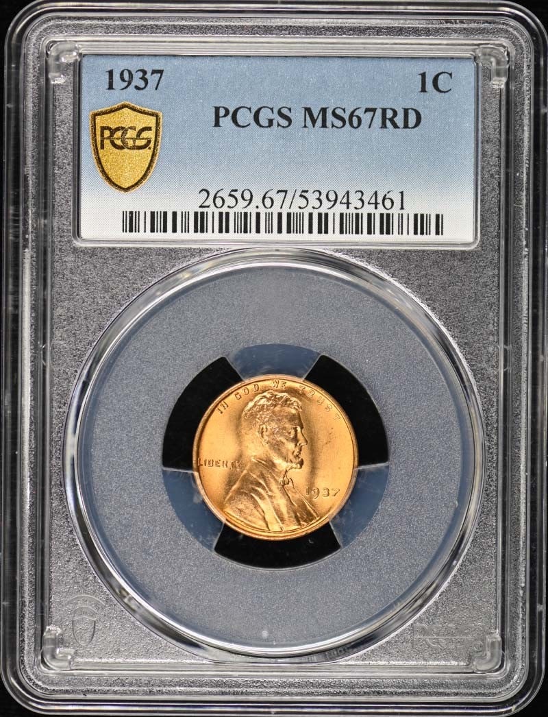 1937 Lincoln Cent Type 1 Wheat Reverse PCGS MS67RD: 1937 Lincoln Cent Type 1 Wheat Reverse PCGS MS67RD This stunning 1937 Lincoln Cent features a Type 1 Wheat Reverse and has been certified by PCGS with a remarkable grade of MS67RD, indicating it is in