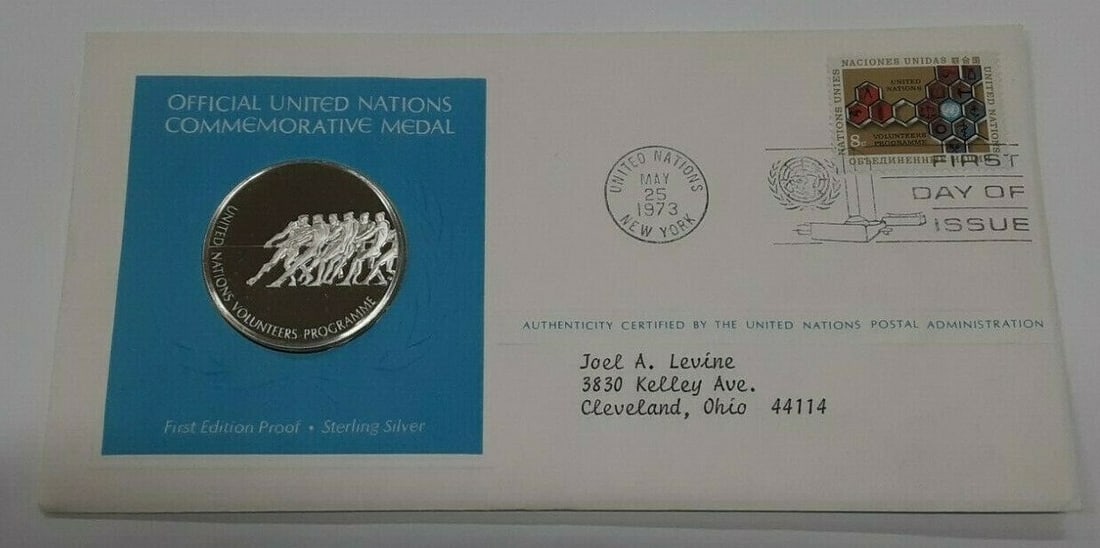 1973 United Nations First Day Cover with Sterling Silver Franklin Mint Medal (1 of 2)