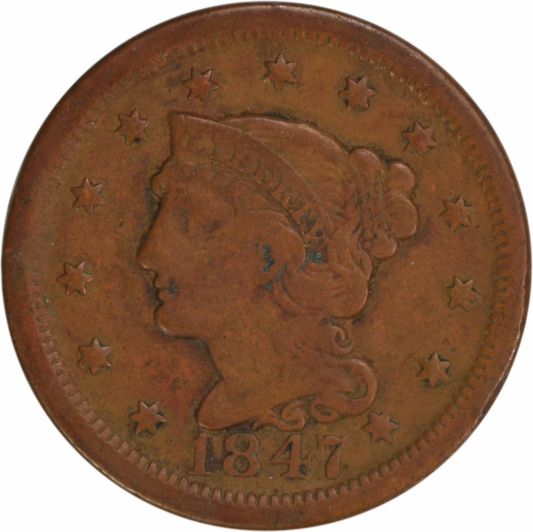1847 Braided Hair Large Cent Copper VF Uncertified: 1847 Braided Hair Large Cent Copper VF Uncertified This 1847 Large Cent features a beautiful Braided Hair design by Christian Gobrecht, showcasing the intricate artistry of early American coinage. Str