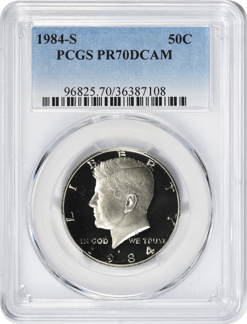 1984-S Kennedy Half Dollar PR70DCAM PCGS San Francisco Mint: 1984-S Kennedy Half Dollar PR70DCAM PCGS San Francisco Mint This 1984-S Kennedy Half Dollar is certified by PCGS and graded PR70, indicating it is in pristine proof condition with Deep Cameo contrast.