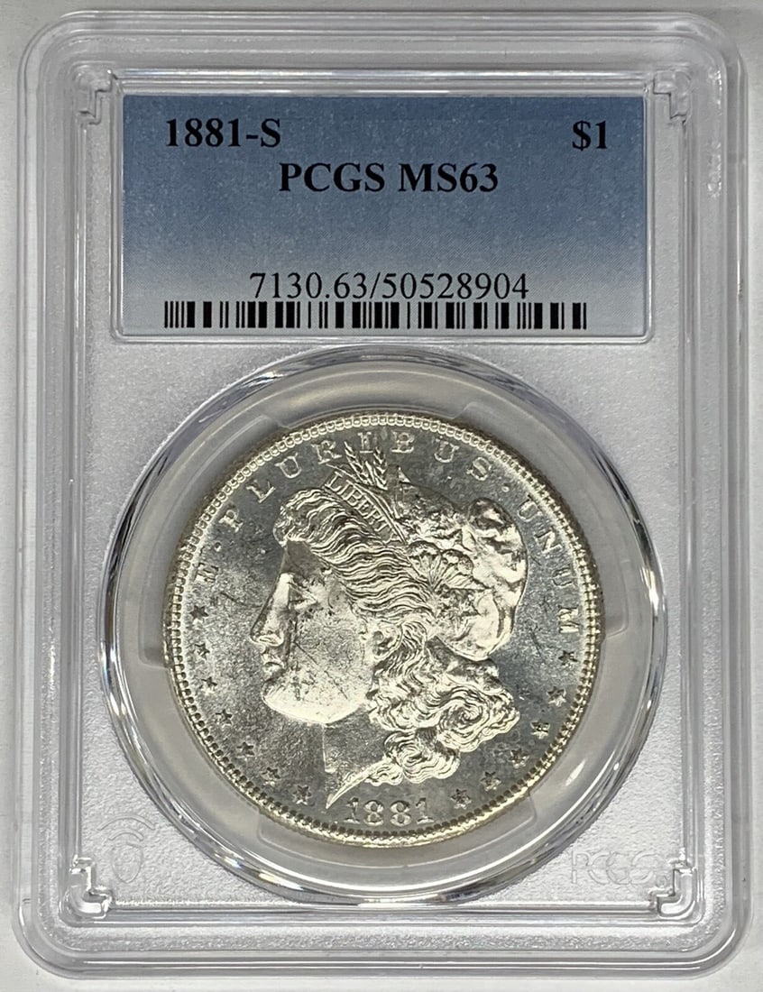 PCGS MS 63 1881-S Morgan Silver Dollar Proof-Like Obverse Certified: PCGS MS 63 1881-S Morgan Silver Dollar Proof-Like Obverse Certified This is an 1881-S Morgan Silver Dollar featuring a proof-like obverse. Graded MS 63 by PCGS, this uncirculated coin was minted in th