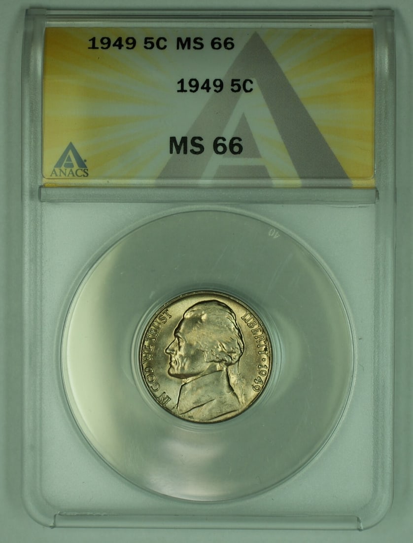 1949 Jefferson Nickel 5C Graded MS 66 by ANACS Uncirculated: 1949 Jefferson Nickel 5C Graded MS 66 by ANACS Uncirculated This 1949 Jefferson Nickel is a remarkable collectible coin featuring a denomination of 5C. Graded as MS 66, this uncirculated coin showcase