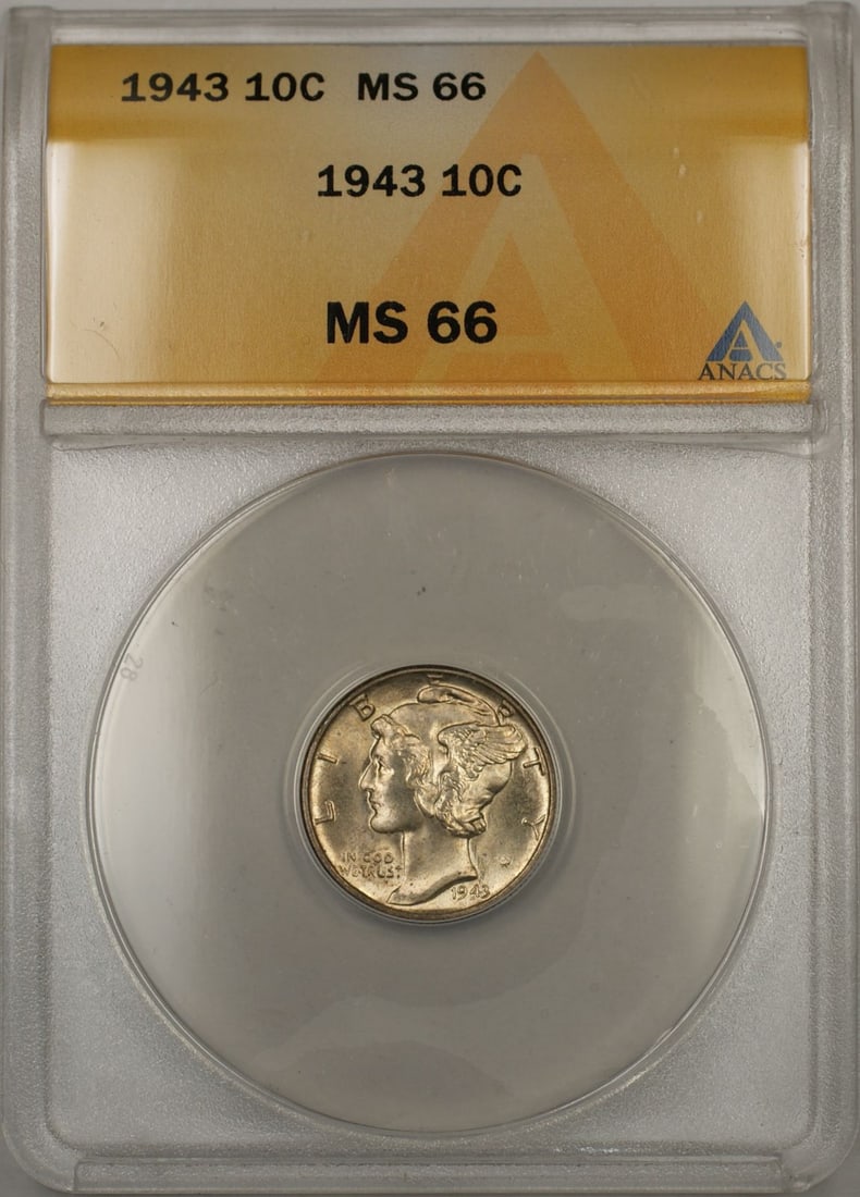 1943 Silver Mercury Dime ANACS MS-66 Uncirculated Coin: 1943 Silver Mercury Dime ANACS MS-66 Uncirculated Coin This 1943 Mercury Dime is certified by ANACS with a grade of MS-66, indicating an uncirculated coin in exceptional condition. The dime features f