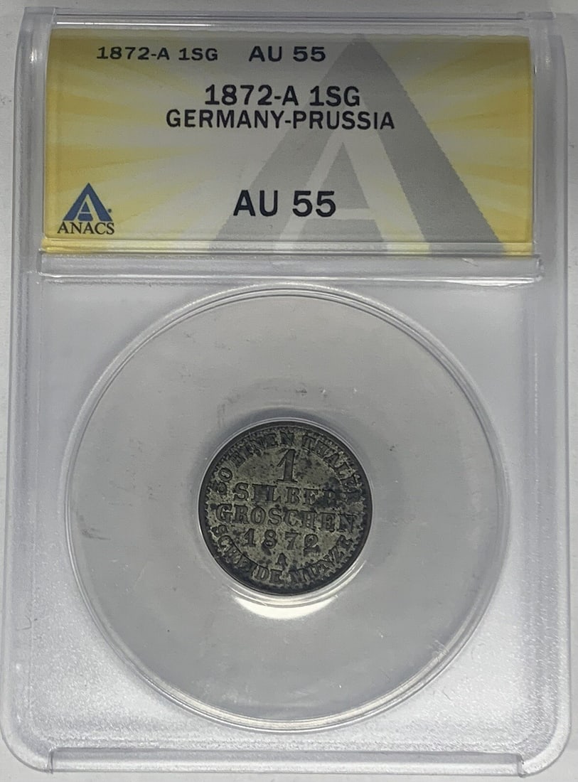 ANACS AU 55 graded 1872-A silver groschen coin from Germany: ANACS AU 55 graded 1872-A silver groschen coin from Germany This is a 1 Silber Groschen coin from Germany, dated 1872. It is composed of silver and has been certified by ANACS with a grade of AU 55. T