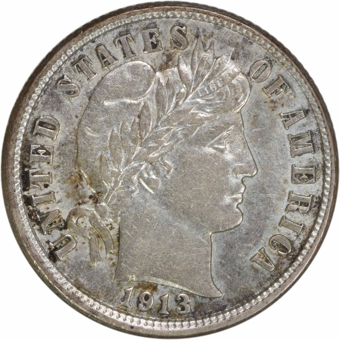1913 Barber Silver Dime AU Uncertified United States Coin: 1913 Barber Silver Dime AU Uncertified United States Coin This 1913 Barber Silver Dime is a notable piece for collectors, featuring an AU (Almost Uncirculated) grade. Struck in Philadelphia, this coin