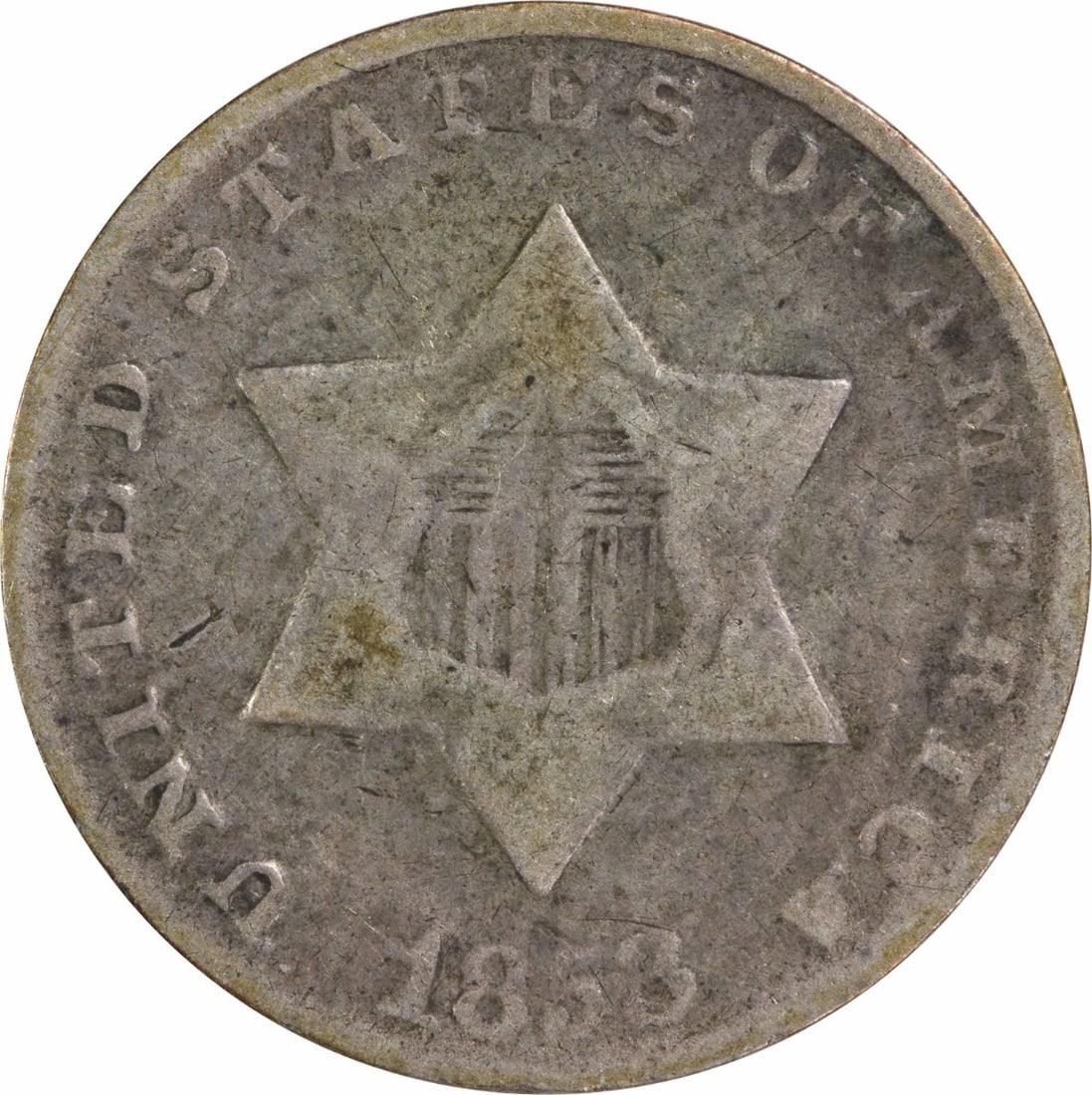 1853 Three Cent Silver Coin Uncertified Philadelphia Mint #512: 1853 Three Cent Silver Coin Uncertified Philadelphia Mint #512 This 1853 Three Cent Silver coin features a rich history as a denomination that was issued in the United States. Designed by James Barton