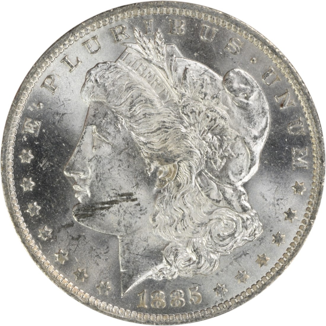 Uncirculated 1885 O Morgan Dollar Silver Choice BU Uncertified: Uncirculated 1885 O Morgan Dollar Silver Choice BU Uncertified This is an uncirculated 1885-O Morgan Silver Dollar, graded as Choice Brilliant Uncirculated (BU). The coin was minted in New Orleans and
