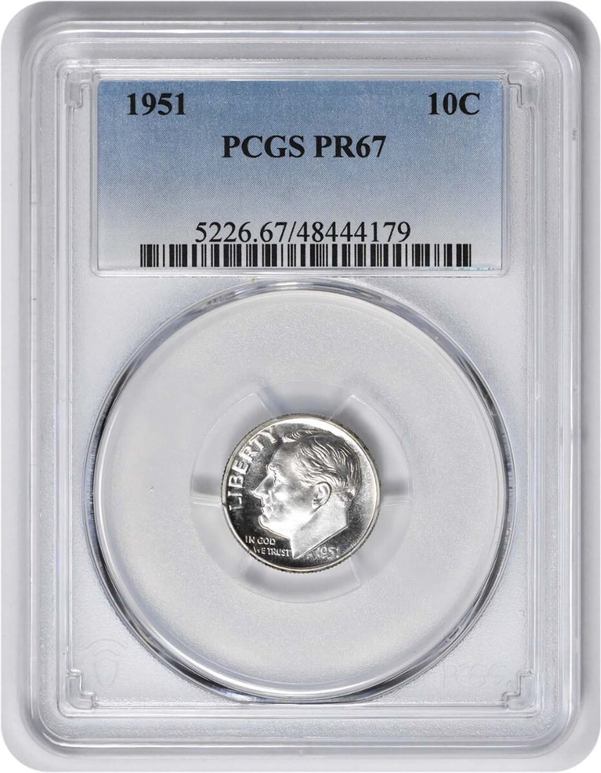 1951 Roosevelt Dime PR67 Silver Proof Coin PCGS Certified: 1951 Roosevelt Dime PR67 Silver Proof Coin PCGS Certified This 1951 Roosevelt Dime is graded PR67 by PCGS, ensuring its exceptional quality and detail. A proof coin with stunning reflective surfaces, 