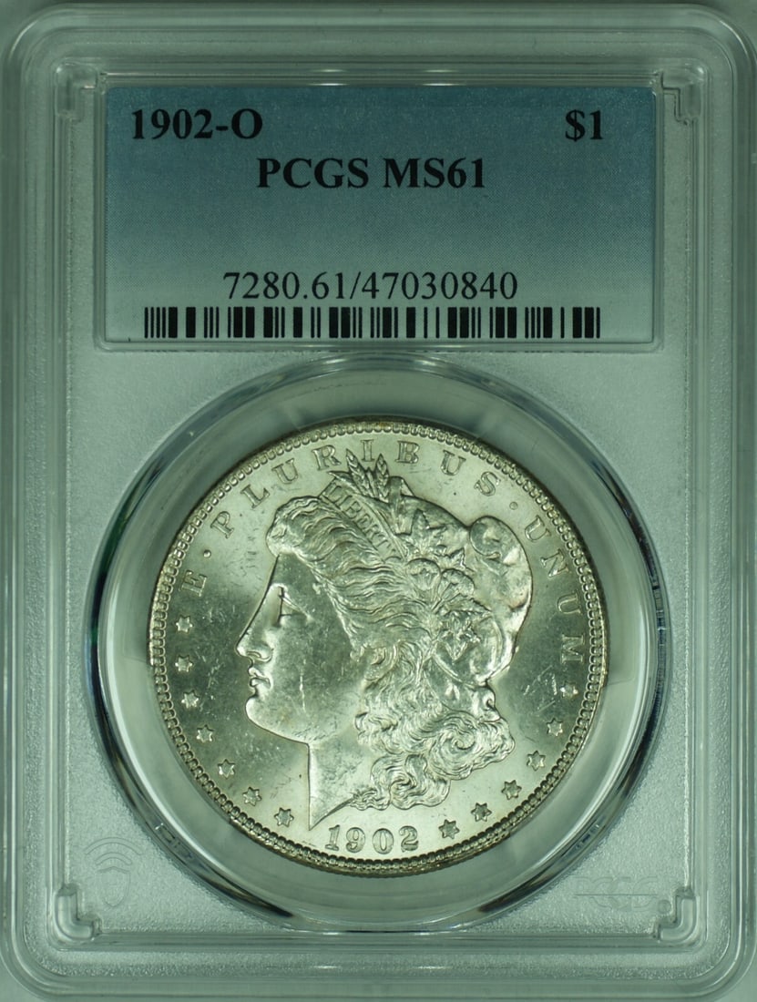 PCGS MS-61 1902-O Morgan Silver Dollar New Orleans Mint Certified: PCGS MS-61 1902-O Morgan Silver Dollar New Orleans Mint Certified This is a 1902-O Morgan Silver Dollar coin graded MS-61 by PCGS. Minted in New Orleans, this uncirculated coin is composed of 90% silv