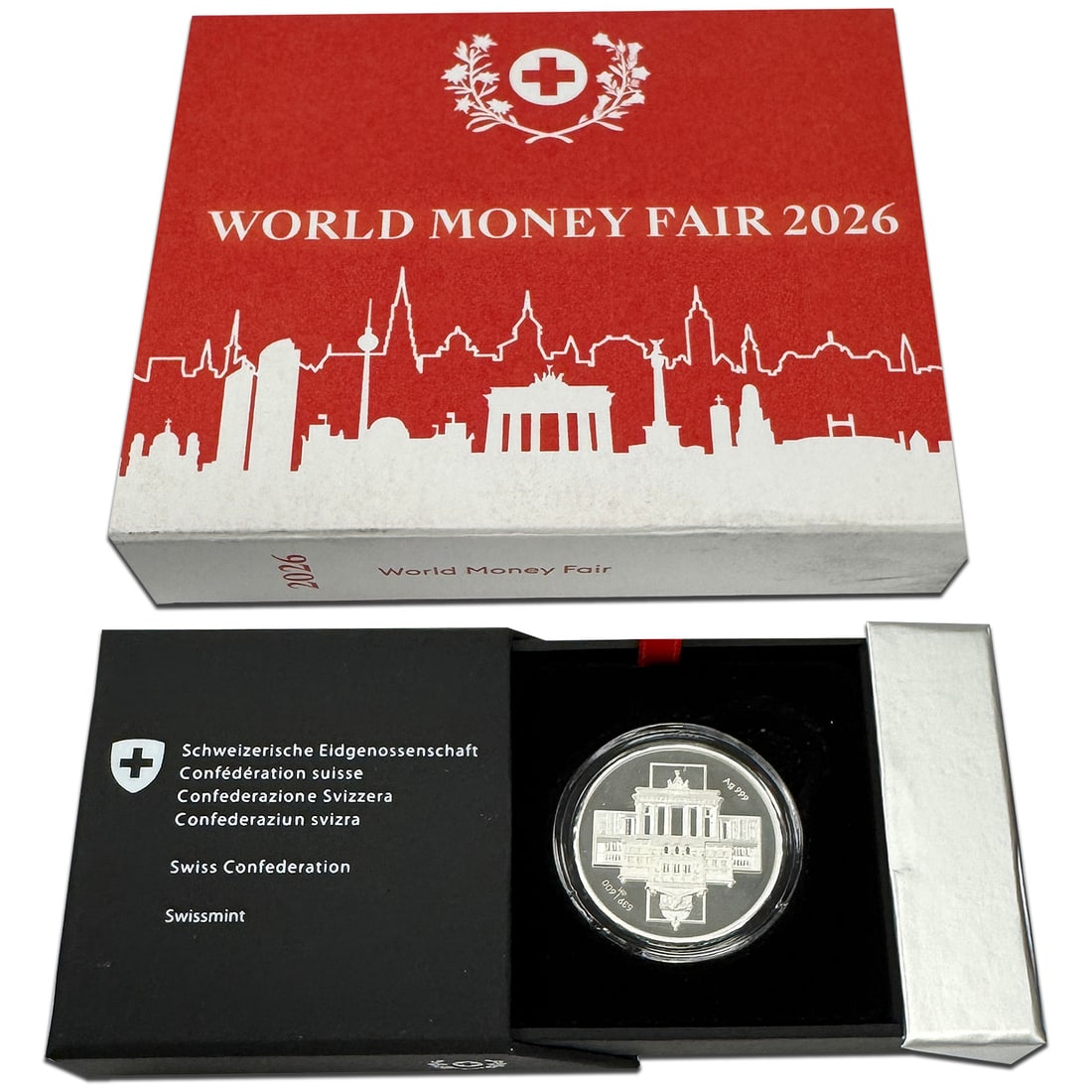 High Relief Silver Medal Switzerland WMF 2026 With Box Limited Edition: High Relief Silver Medal Switzerland WMF 2026 With Box Limited Edition This silver medal features a high relief design with the Brandenburg Gate depicted at the bottom and the Swiss Parliament Buildin