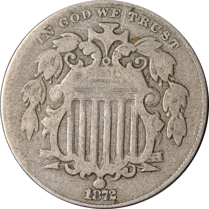United States 1872 Nickel Five Cent Shield Coin: United States 1872 Nickel Five Cent Shield Coin This is an 1872 Shield Nickel from the United States. The coin is circulated and made of nickel. It is uncertified and is offered in pre-owned condition