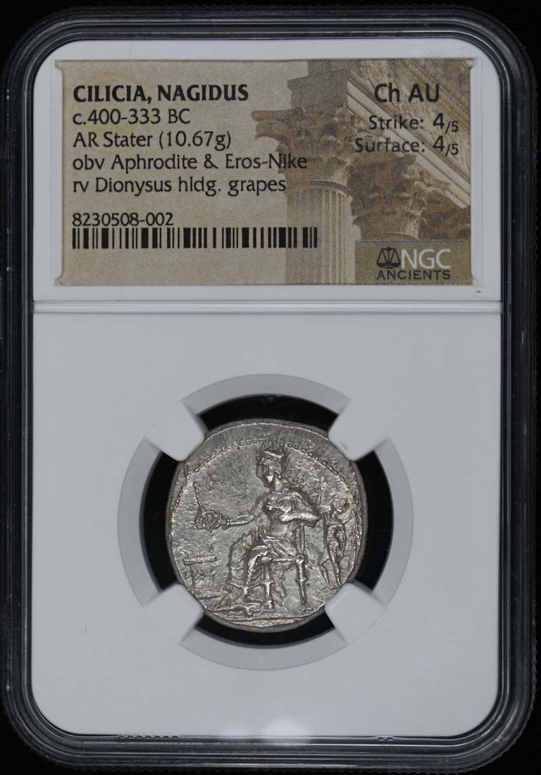 NGC AU55 Certified Cilicia Nagidus Silver Stater Coin 400-333 BC: NGC AU55 Certified Cilicia Nagidus Silver Stater Coin 400-333 BC This is an ancient Cilicia, Nagidus AR Stater dating from approximately 400-333 BC, graded AU55 by NGC. The coin is pre-owned and certi