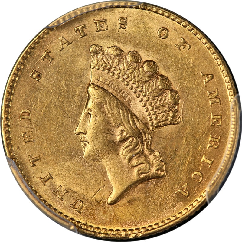 1855 Philadelphia Indian Princess Gold Dollar PCGS MS62 Type 2: 1855 Philadelphia Indian Princess Gold Dollar PCGS MS62 Type 2 This 1855-P Type 2 Indian Princess Gold $1 coin is certified by PCGS with a grade of MS62. It features attractive luster, excellent strik