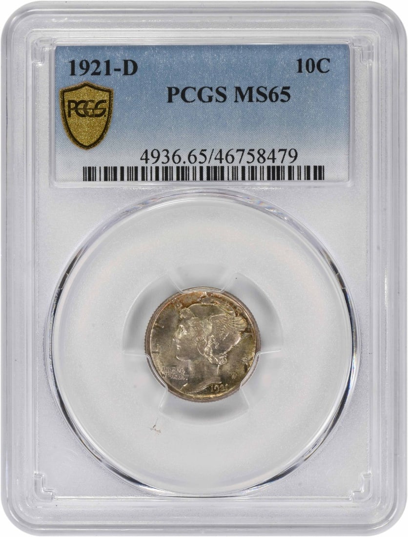 MS65 PCGS Certified 1921 Denver Mercury Dime 90 Percent Silver: MS65 PCGS Certified 1921 Denver Mercury Dime 90 Percent Silver This is a 1921-D Mercury Silver Dime graded MS65 by PCGS. The coin is uncirculated and was minted in Denver. Designed by Adolph Alexander
