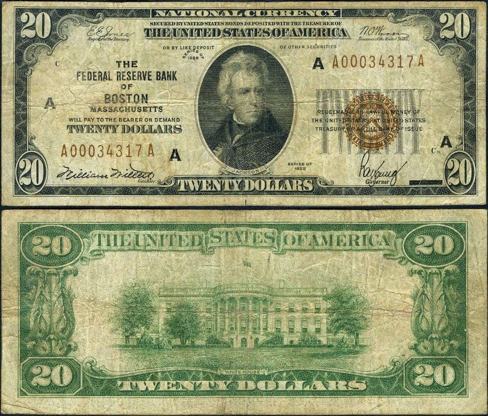 1929 Boston $20 Federal Reserve Bank Note A-A Block Fine Grade (1 of 3)