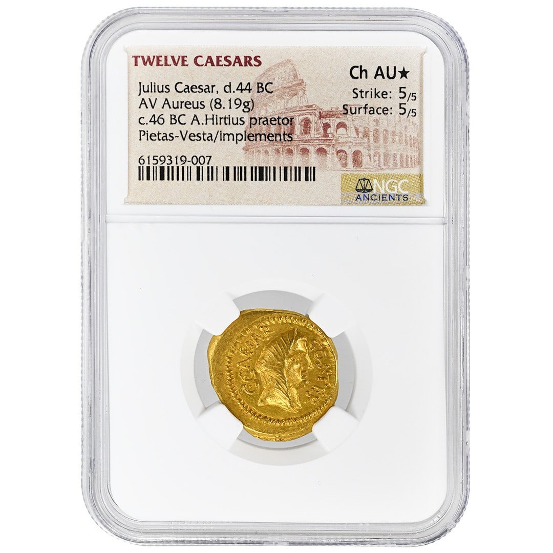 Julius Caesar Gold AV Aureus Coin NGC CH AU* Certified 44 BC 8.19g: Julius Caesar Gold AV Aureus Coin NGC CH AU* Certified 44 BC 8.19g This rare AV Aureus gold coin, issued under the rule of Julius Caesar and dated to 44 BC, is part of the Twelve Caesars series. Grade
