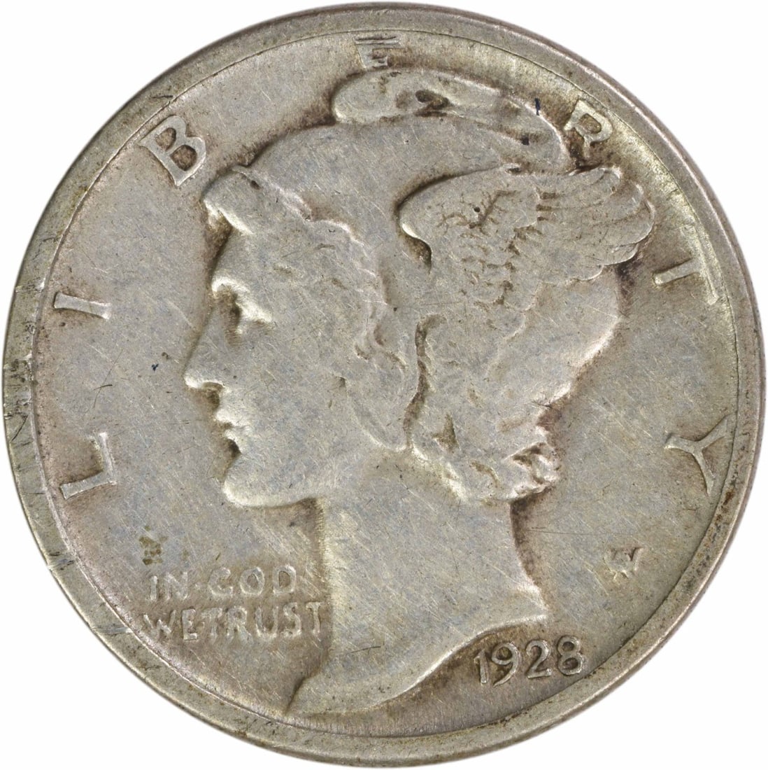 Uncertified 1928 Denver Mercury Dime 90 Percent Silver EF Grade: Uncertified 1928 Denver Mercury Dime 90 Percent Silver EF Grade This 1928-D Mercury Silver Dime from the Denver Mint is a circulated coin graded EF (Extremely Fine). Composed of 90% silver and 10% cop