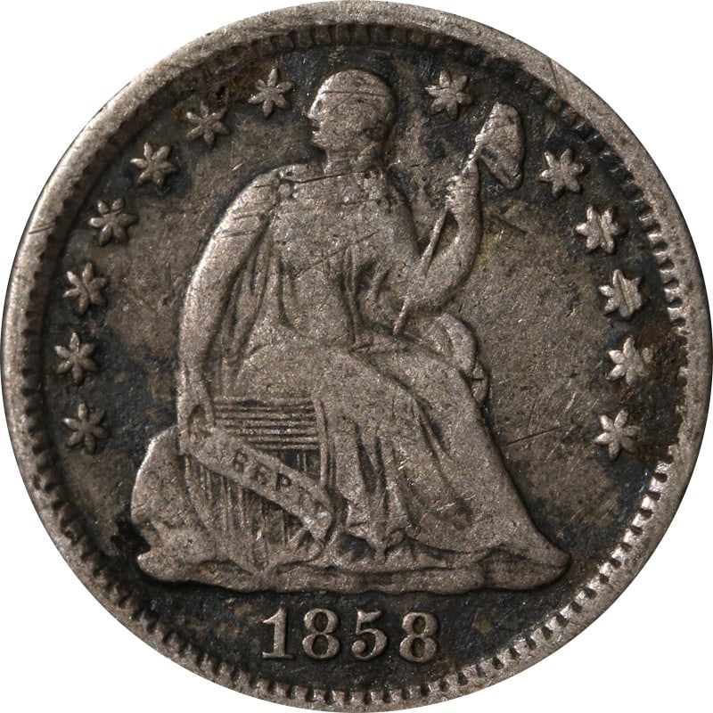 1858-O Seated Liberty Half Dime Silver Coin Circulated: 1858-O Seated Liberty Half Dime Silver Coin Circulated Discover a piece of history with this 1858-O Seated Liberty Half Dime. Featuring a silver composition with a fineness of 0.9, this coin was minte