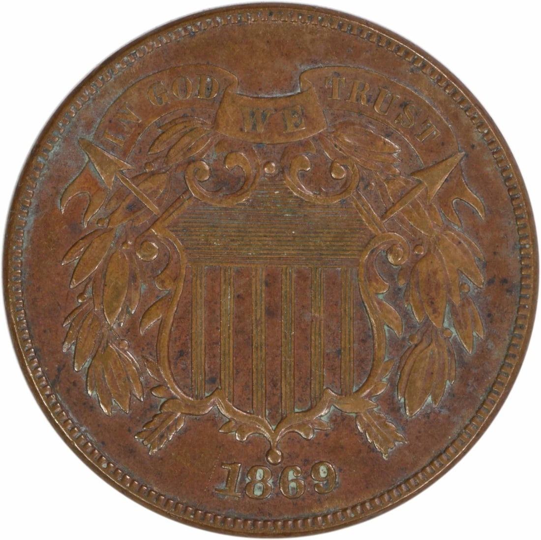 1869 United States Two Cent Bronze Coin EF Grade Uncertified: 1869 United States Two Cent Bronze Coin EF Grade Uncertified This 1869 Two Cent Piece is a circulated coin from the United States, designed by James Barton Longacre. Struck in bronze at the Philadelph
