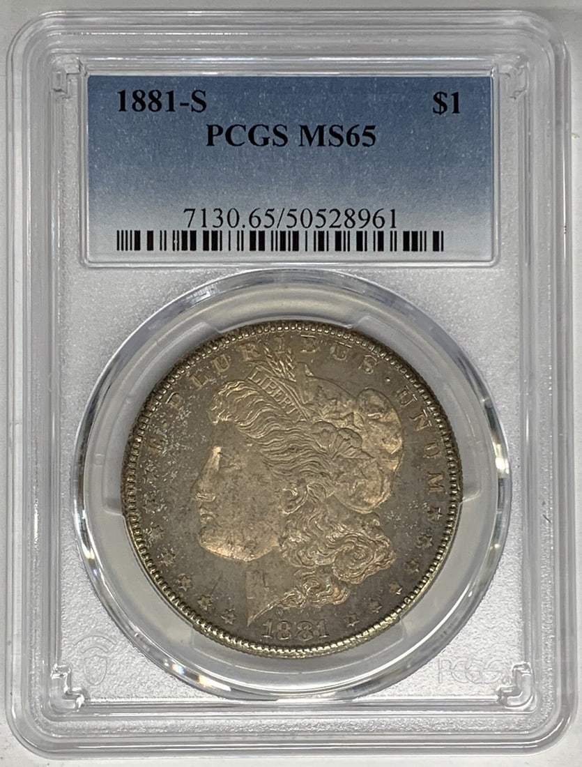 PCGS MS 65 1881-S Toned Morgan Dollar Silver Coin: PCGS MS 65 1881-S Toned Morgan Dollar Silver Coin This is an 1881-S Morgan Silver Dollar with a toned finish, certified by PCGS and graded MS 65. The coin is uncirculated and composed of silver. It re