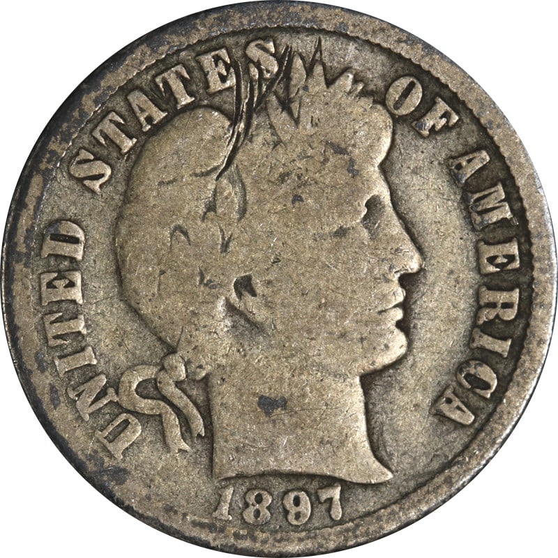 1897 New Orleans Mint Silver Barber Dime With Surface Marks: 1897 New Orleans Mint Silver Barber Dime With Surface Marks This 1897-O Barber Dime is a circulated coin from the United States, minted in New Orleans. Composed of silver with a fineness of 0.9, it sh