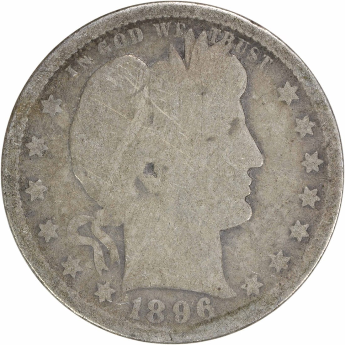 1896-O Barber Silver Quarter 25C G Circulated Coin: 1896-O Barber Silver Quarter 25C G Circulated Coin This 1896-O Barber Silver Quarter is a notable piece of American numismatics. Struck in New Orleans, this coin features a composition of 90% silver a