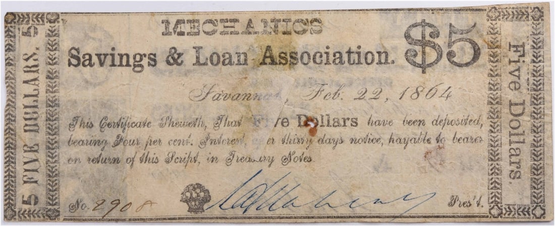 1864 Georgia Mechanics Loan Association Five Dollar Note Good Grade Uncertified (1 of 2)