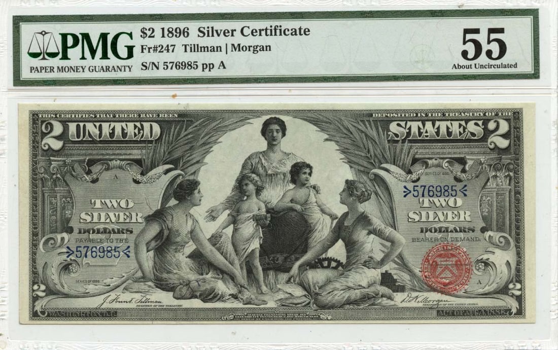 1896 Two Dollar Silver Certificate PMG AU55 Educational FR247: 1896 Two Dollar Silver Certificate PMG AU55 Educational FR247 This is an 1896 $2 Silver Certificate, cataloged as FR#247, graded AU55 Choice Educational by PMG. The note is circulated and certified, o
