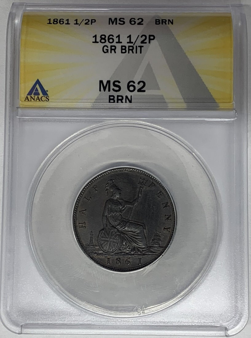 1861 United Kingdom Half Penny Coin ANACS MS62 Brown: 1861 United Kingdom Half Penny Coin ANACS MS62 Brown This 1861 Great Britain half penny is certified by ANACS with a grade of MS 62 and features a brown (BN) color designation. The coin is pre-owned a