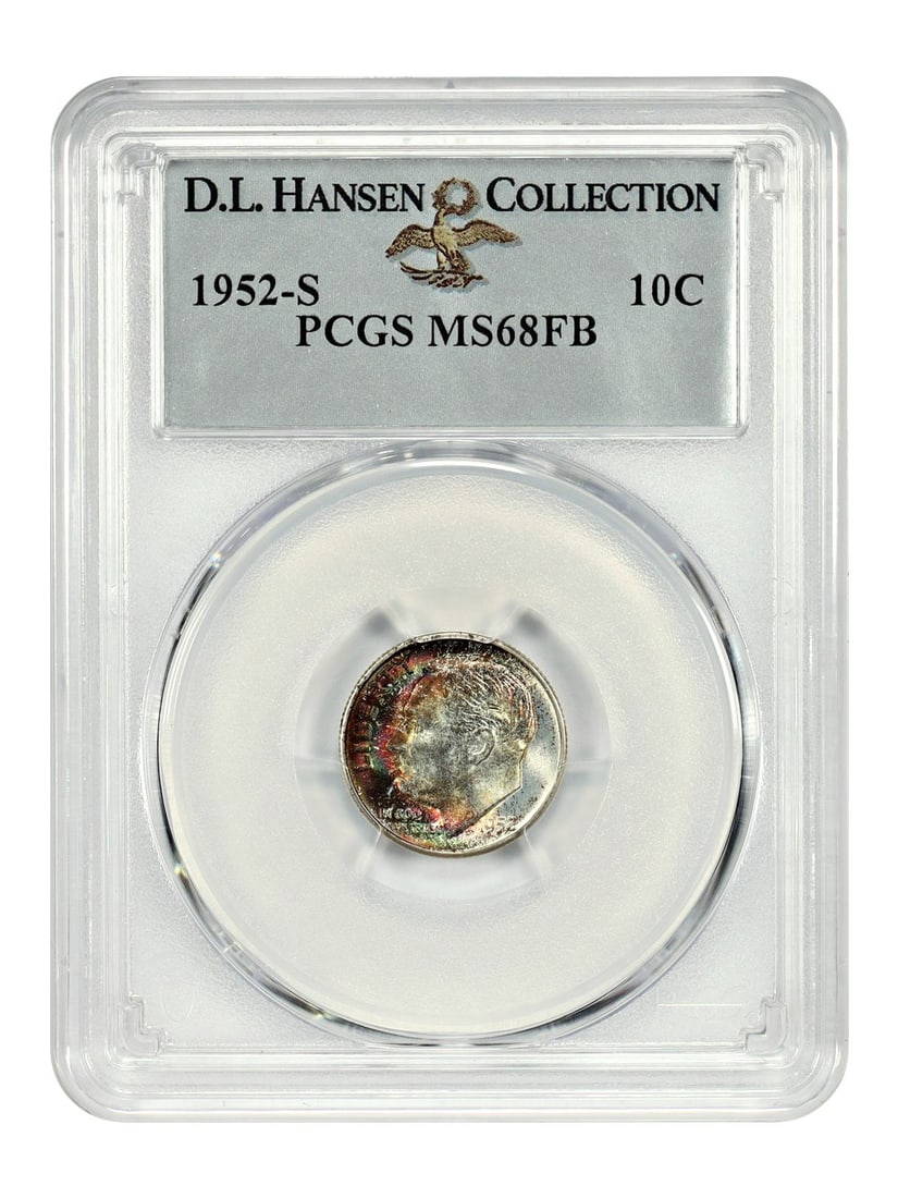 1952-S Roosevelt Dime PCGS MS68FB Ex D L Hansen Finest Known: 1952-S Roosevelt Dime PCGS MS68FB Ex D L Hansen Finest Known This 1952-S Roosevelt Dime is graded MS68FB by PCGS, with none finer graded by PCGS. The coin features a fantastic rainbow crescent toning 