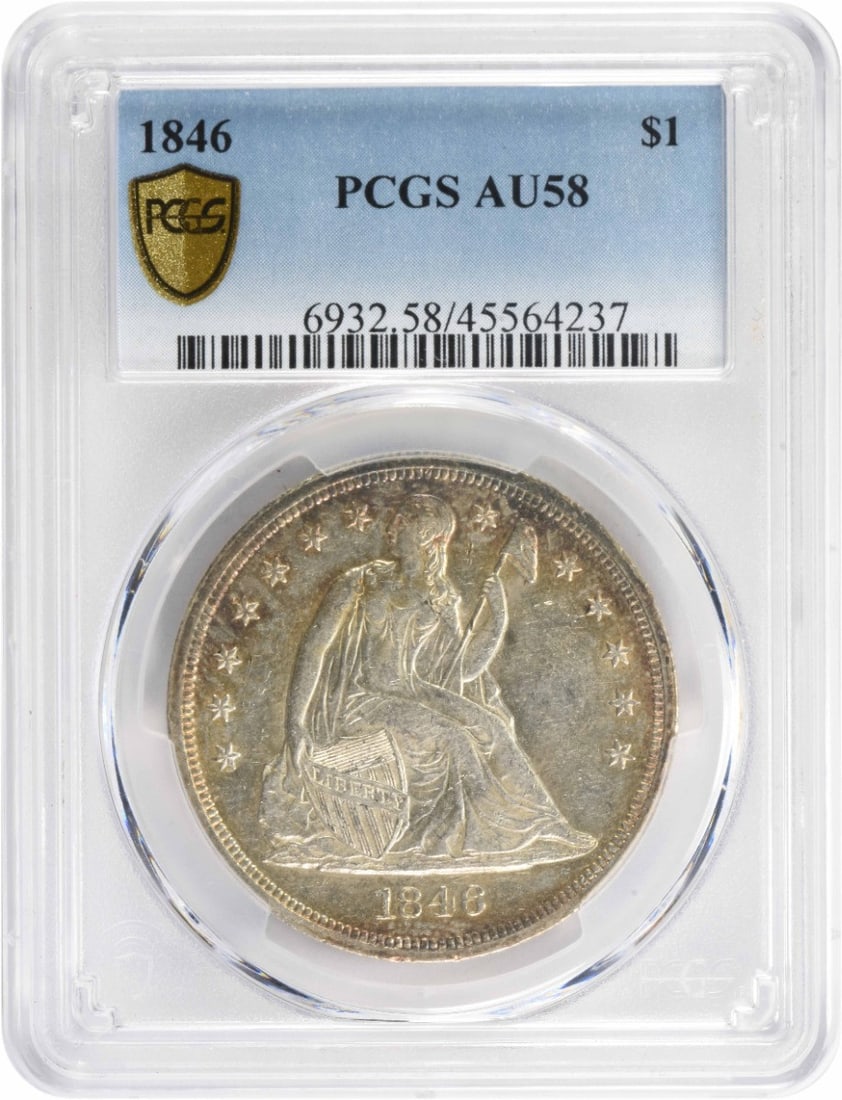 1846 Liberty Seated Silver Dollar AU58 PCGS Certified Coin: 1846 Liberty Seated Silver Dollar AU58 PCGS Certified Coin This exquisite 1846 Liberty Seated Silver Dollar, graded AU58 by PCGS, features a stunning design by Christian Gobrecht. Minted in Philadelph