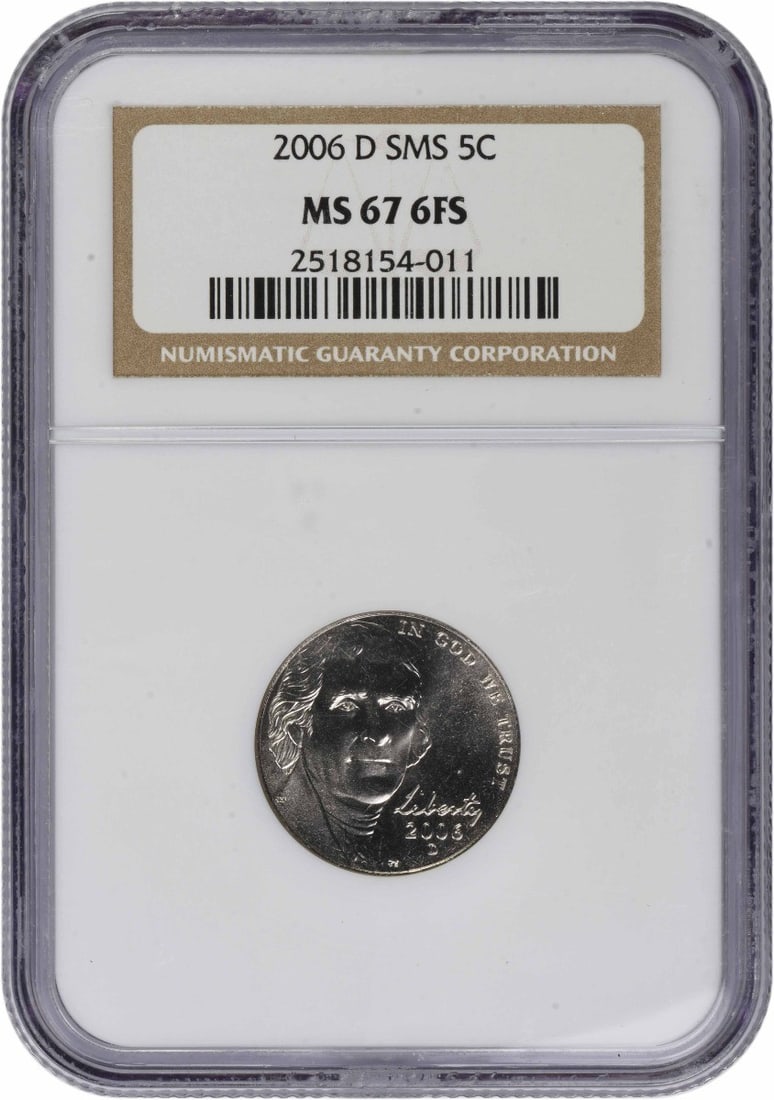 2006 Denver Jefferson Nickel NGC MS67 6 Full Steps Uncirculated: 2006 Denver Jefferson Nickel NGC MS67 6 Full Steps Uncirculated This 2006-D Jefferson Nickel is an uncirculated coin graded MS67 with 6 Full Steps, certified by NGC. Minted in Denver, it is composed o