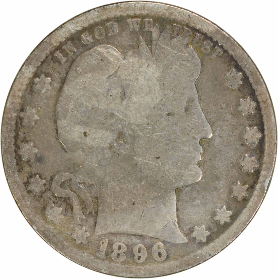 1896-O Barber Quarter 90% Silver Circulated Uncertified: 1896-O Barber Quarter 90% Silver Circulated Uncertified This 1896-O Barber Silver Quarter is a classic piece of American numismatics, showcasing the artistry of designer Charles E. Barber. It features