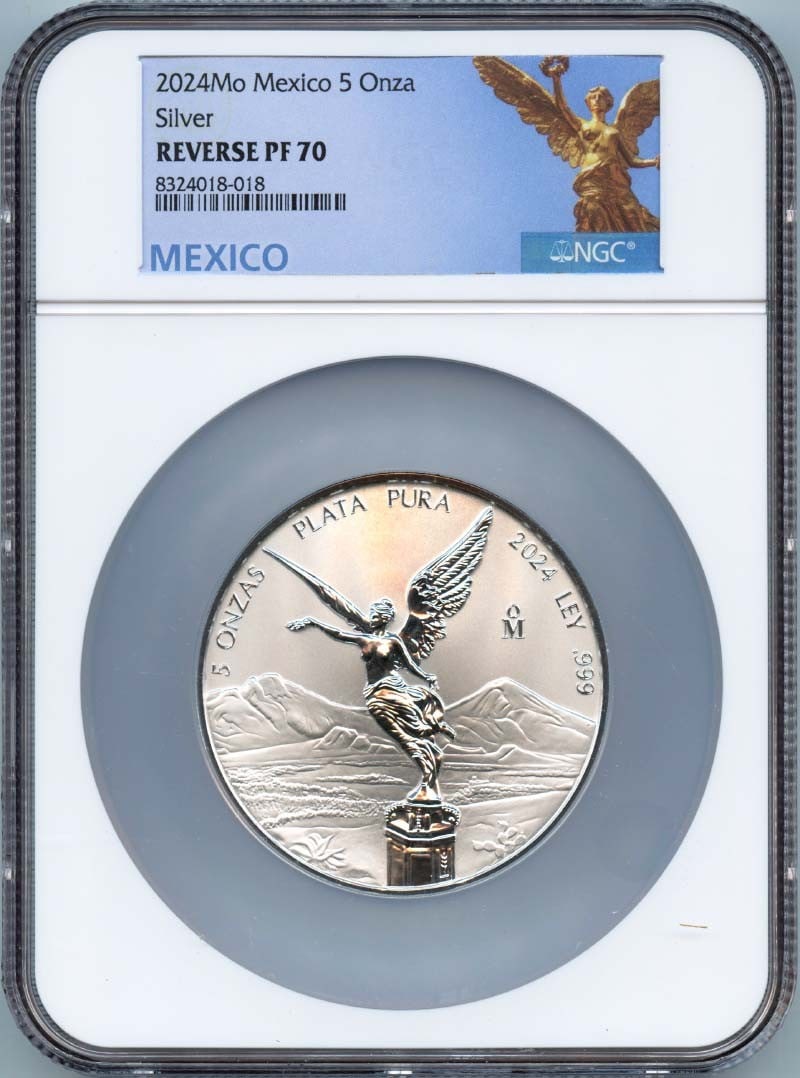 2024 Mexico Libertad 5 Onza Silver Coin NGC RP70 Certified: 2024 Mexico Libertad 5 Onza Silver Coin NGC RP70 Certified This is a 2024 Mexico Libertad 5 Onza silver coin graded RP70 by NGC. The coin is un-used and comes with NGC certification, making it an attr