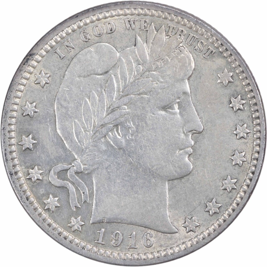 1916-D Barber Quarter AU Uncertified 90% Silver Denver Mint: 1916-D Barber Quarter AU Uncertified 90% Silver Denver Mint This 1916-D Barber Silver Quarter is a notable piece for collectors, featuring a design by Charles E. Barber. The coin is circulated, with a