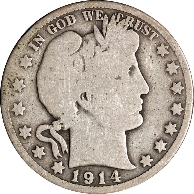 1914 Philadelphia Silver Barber Half Dollar United States Coin: 1914 Philadelphia Silver Barber Half Dollar United States Coin This 1914-P Barber Half Dollar is a circulated silver coin from the United States, minted in Philadelphia in 1914. The coin is composed o