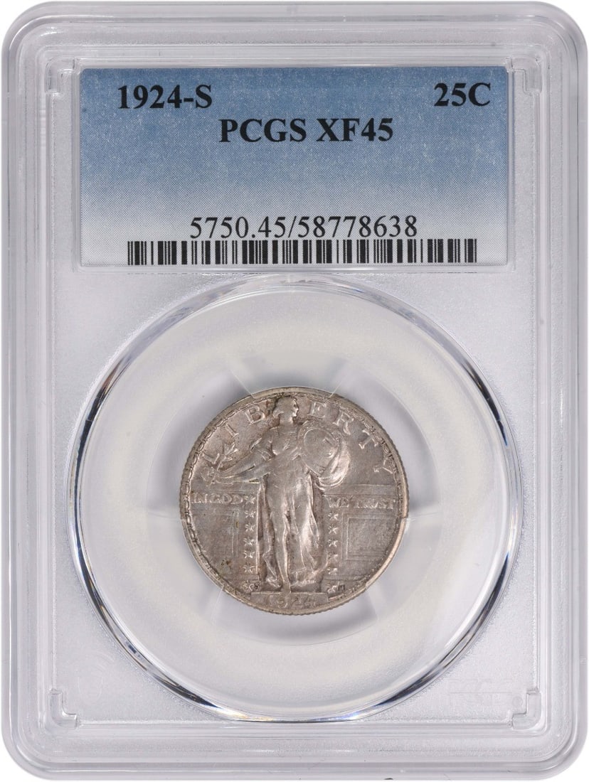 PCGS EF45 1924 San Francisco Standing Liberty 25C Silver Quarter Coin: PCGS EF45 1924 San Francisco Standing Liberty 25C Silver Quarter Coin This 1924-S Standing Liberty Quarter is certified by PCGS with a grade of EF45. Minted in San Francisco, this circulated coin is c
